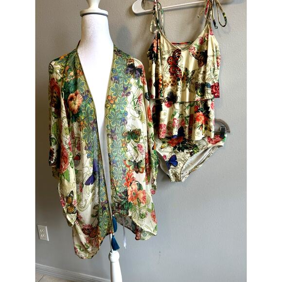 Johnny Was Bikini SwimSuit M Floral Butterflies Ruffles Boho Gypsy Resort Aloha - Picture 3 of 13